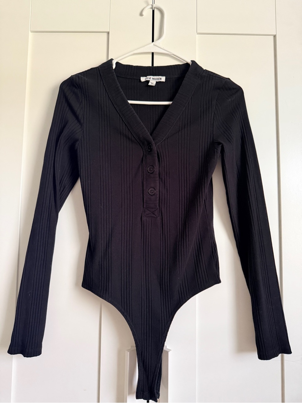 Steve Madden Black Ribbed Long Sleeve Henley Bodysuit